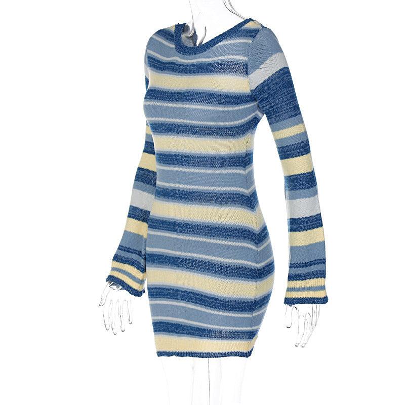 Knitted Sexy Backless Bell Sleeve Striped Dress Sweater - Elite Essence Store