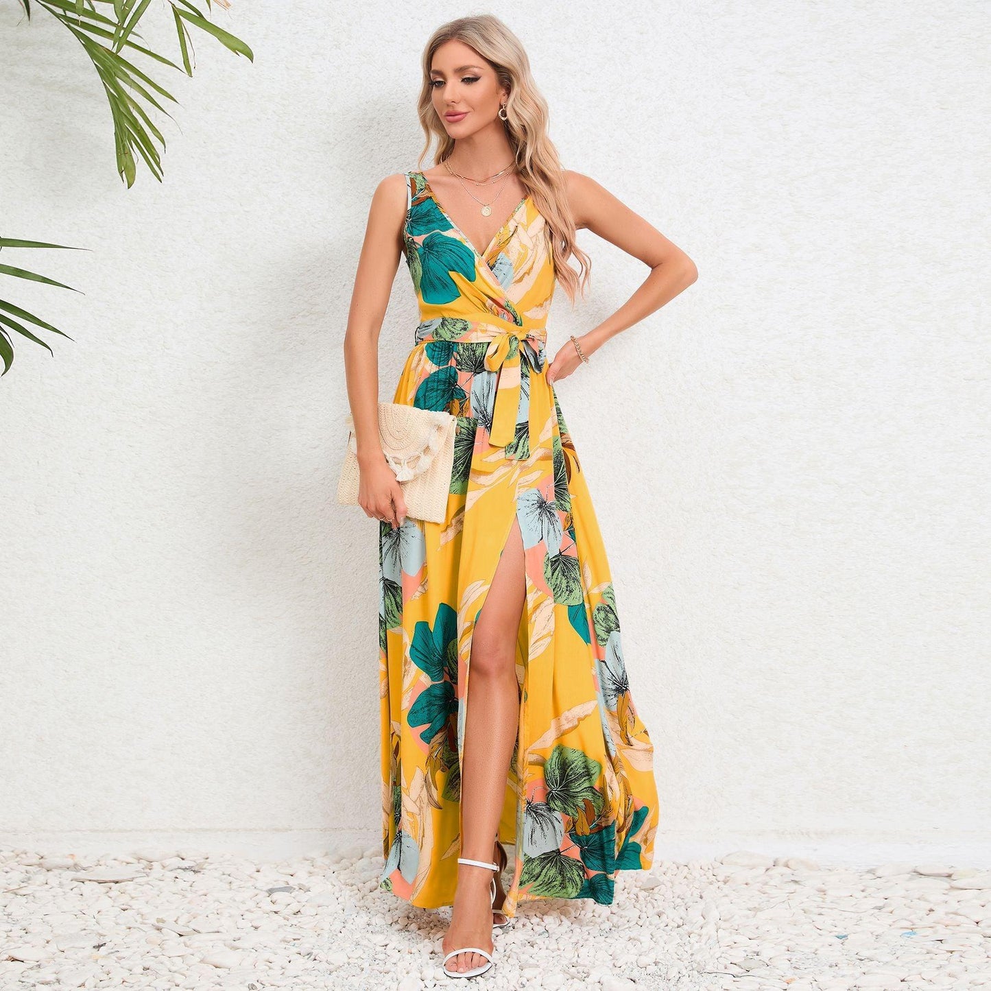 V-neck Floral Print Long Dress Summer Fashion Waist Tie Slit Design Sleeveless Dress For Womens Clothing - Elite Essence Store