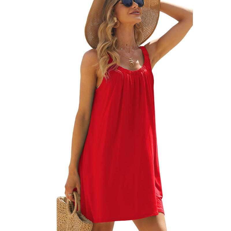 Solid Color Loose Beach Dress Casual Vacation Suspender Dresses Summer Round-neck Womens Clothing - Elite Essence Store