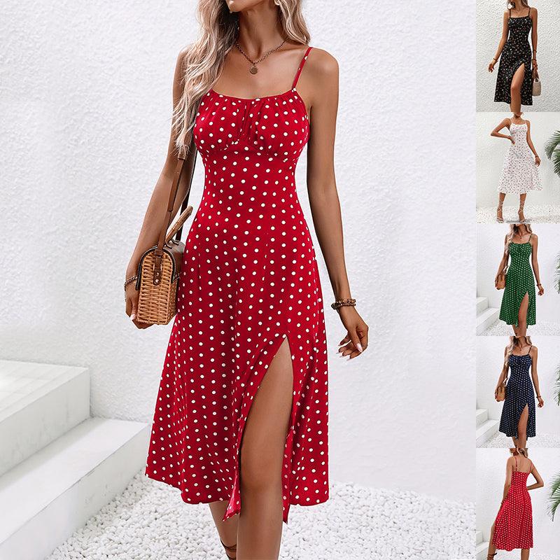 New Polka Dot Print Suspender Dress Summer Sexy Slit Long Dresses For Womens Clothing - Elite Essence Store