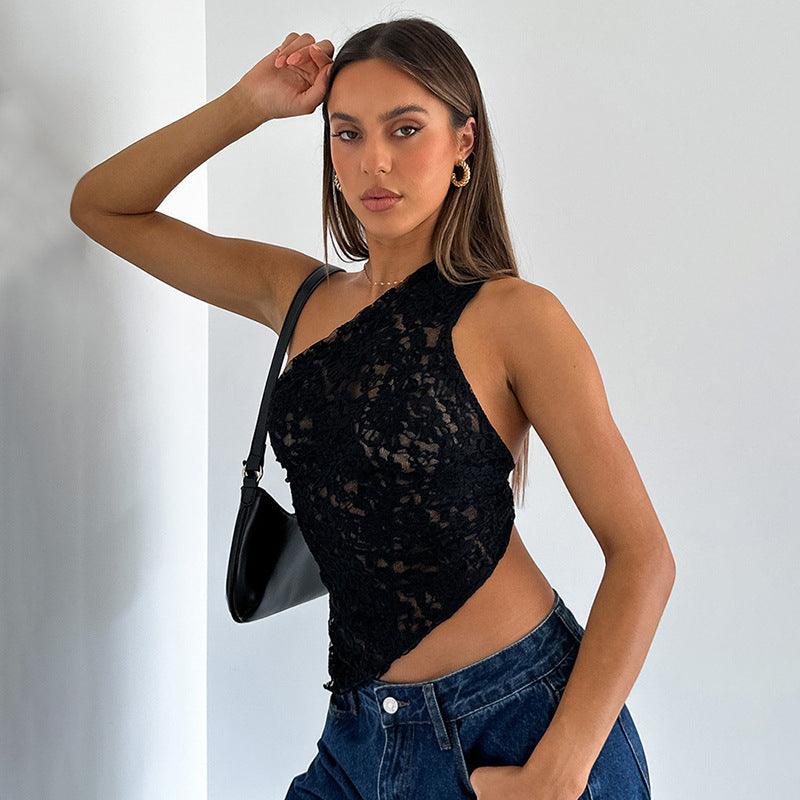 Ins Lace Backless Top Summer Solid Color Waistless Asymmetrical Sloped Neck Vest Streetwear Womens Clothes - Elite Essence Store
