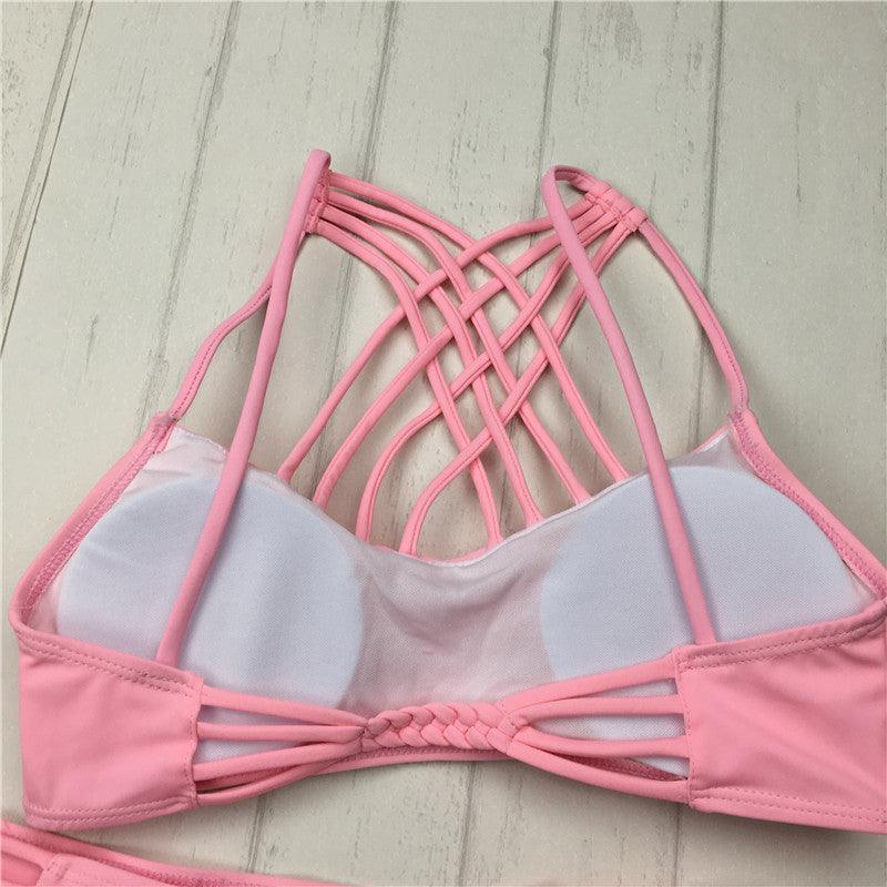 cut out Bikinis Sexy pink bandage cut out Halter bikini swimsuit women cross Women's swimwear swimming suit - Elite Essence Store