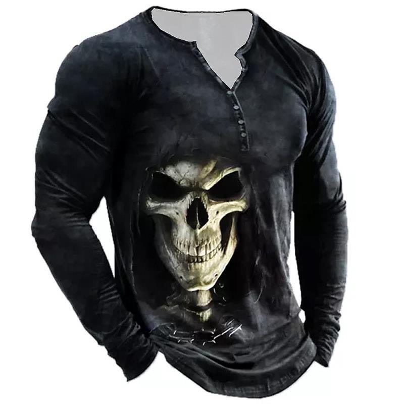 European And American Vintage Print Seven Button Open Placket Skull Long Sleeve T-shirt - Elite Essence Store