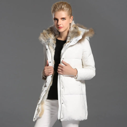 High-end Rabbit Fur Eiderdown Outerwear Mid-length Padded Coat Women