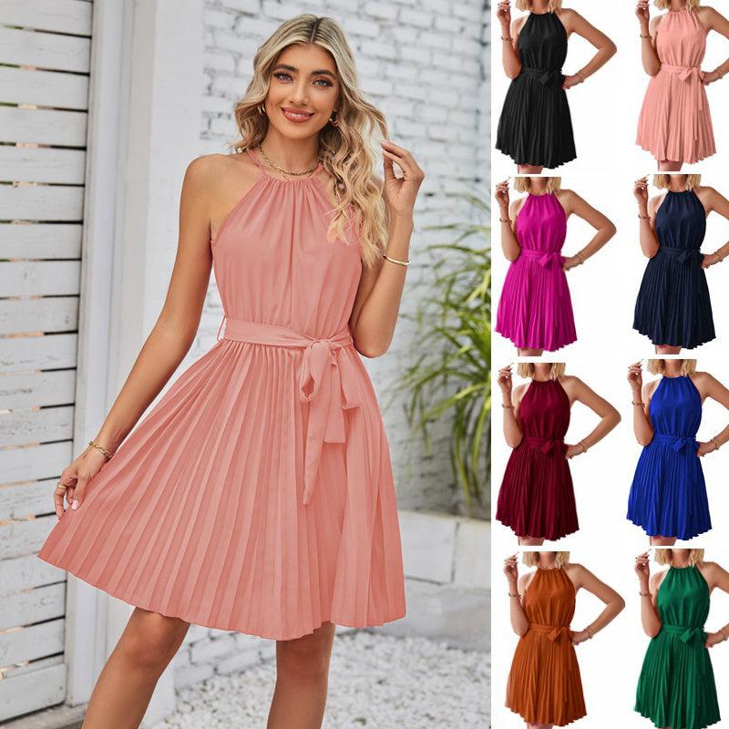 Halter Strapless Dresses For Women Solid Pleated Skirt Summer Beach Sundress - Elite Essence Store