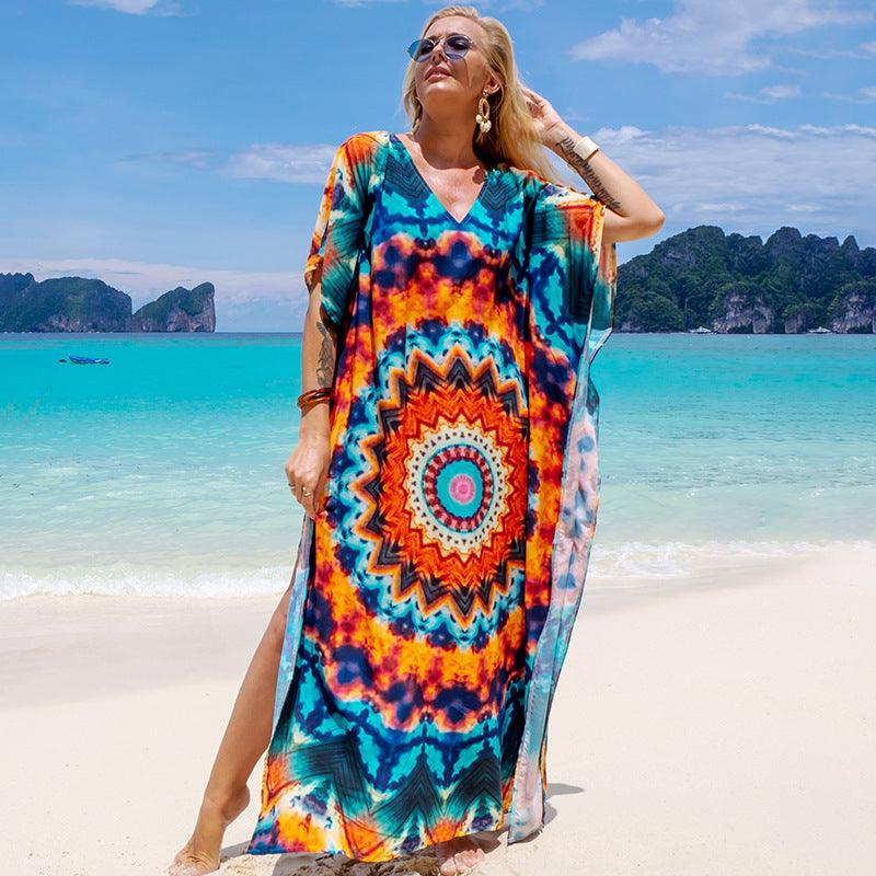 Rayon Printed Robe Seaside Holiday Sun Protection Shirt Beach Dress Bikini - Elite Essence Store