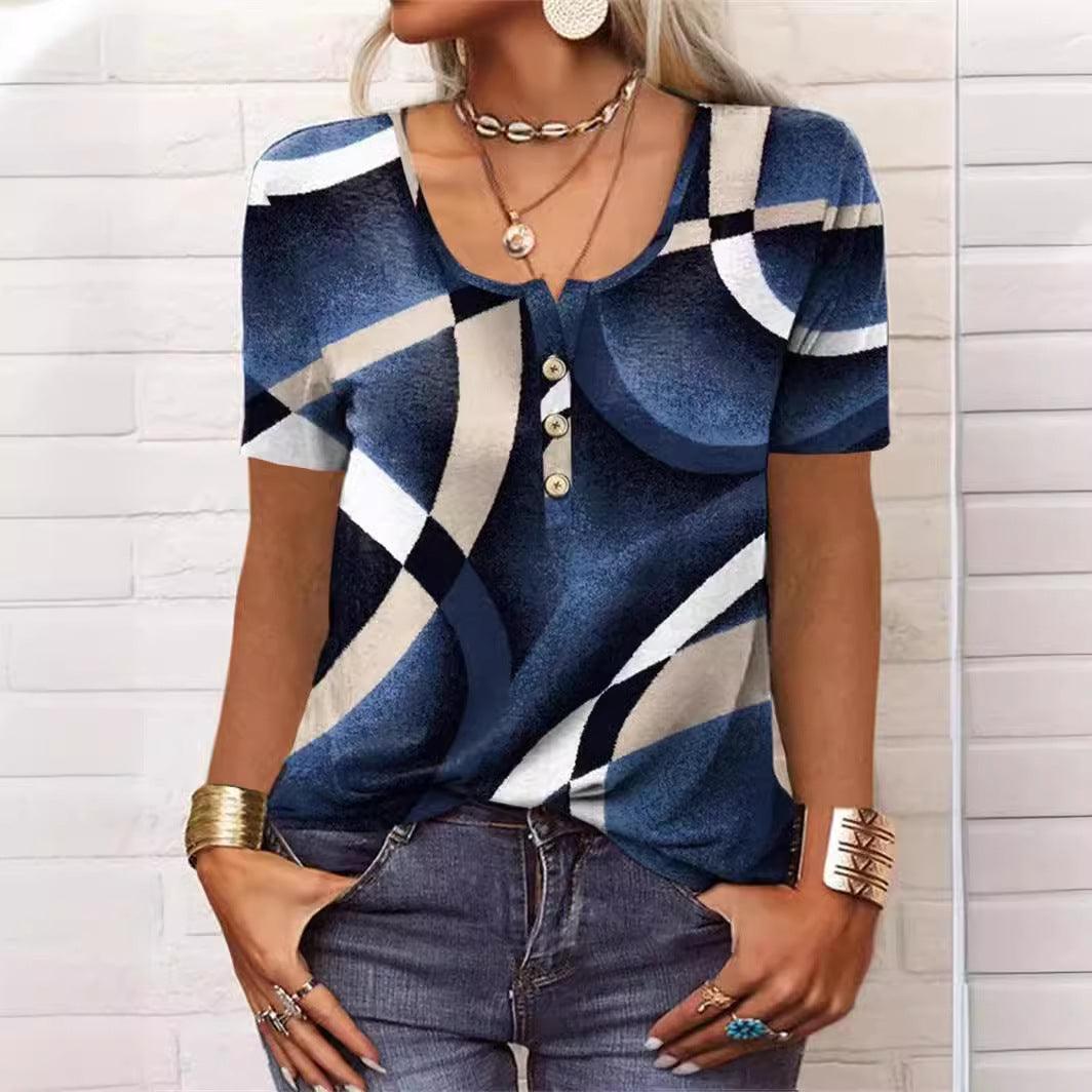 Summer Loose Short Sleeves Geometric Floral U-neck Button T-shirt - Elite Essence Store