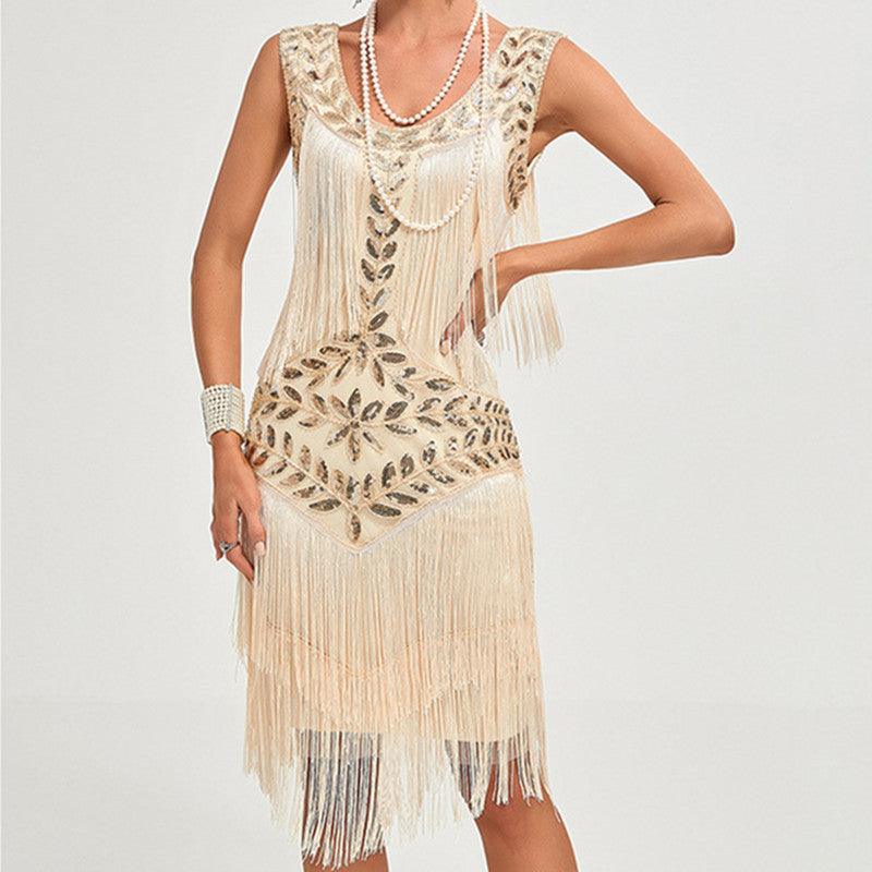 Retro Dance Ladies Round Neck Sequins Size Dress - Elite Essence Store