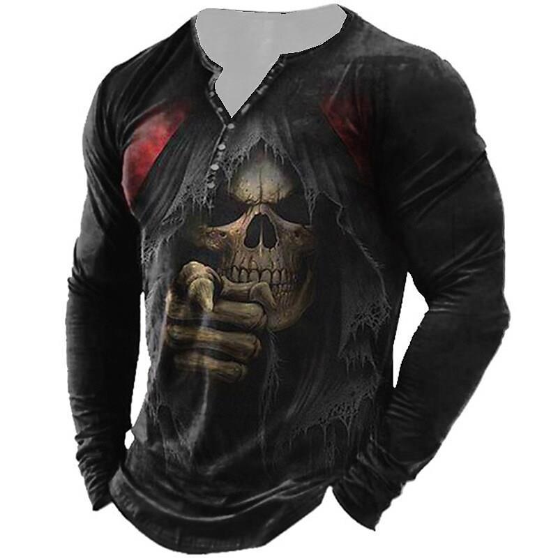 European And American Vintage Print Seven Button Open Placket Skull Long Sleeve T-shirt - Elite Essence Store