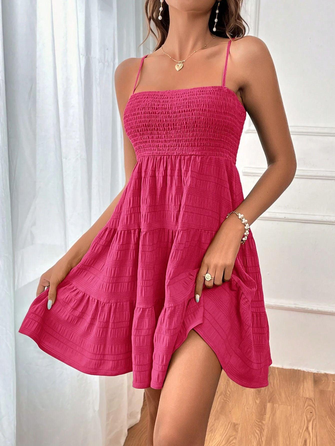 Summer Square-collar Suspender Pleated Dress Fashion Solid Color Beach Dresses For Womens Clothing - Elite Essence Store