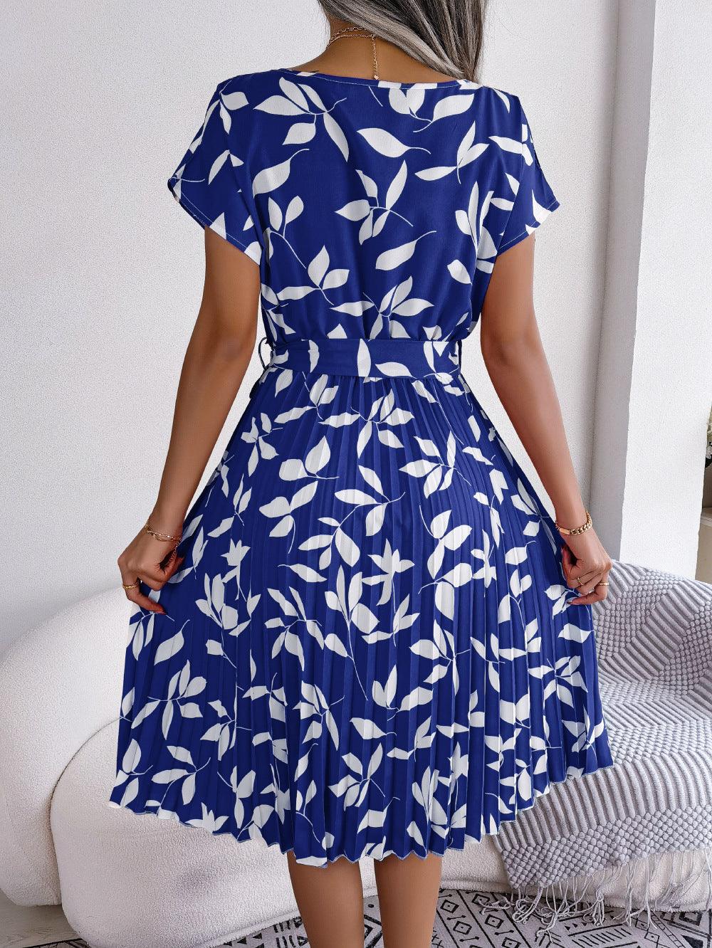 Leaf Print Dress Women Short Sleeve Lace-up Skirt Summer Beach Dress - Elite Essence Store