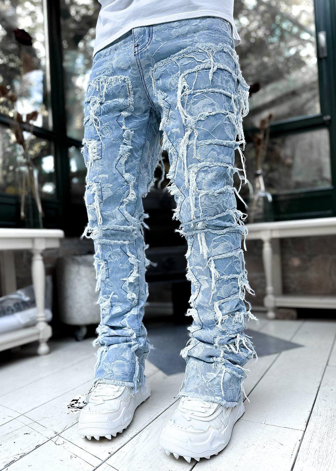 Men Trousers Individual Patched Pants Long Tight Fit Stacked Jeans For Mens Clothing - Elite Essence Store