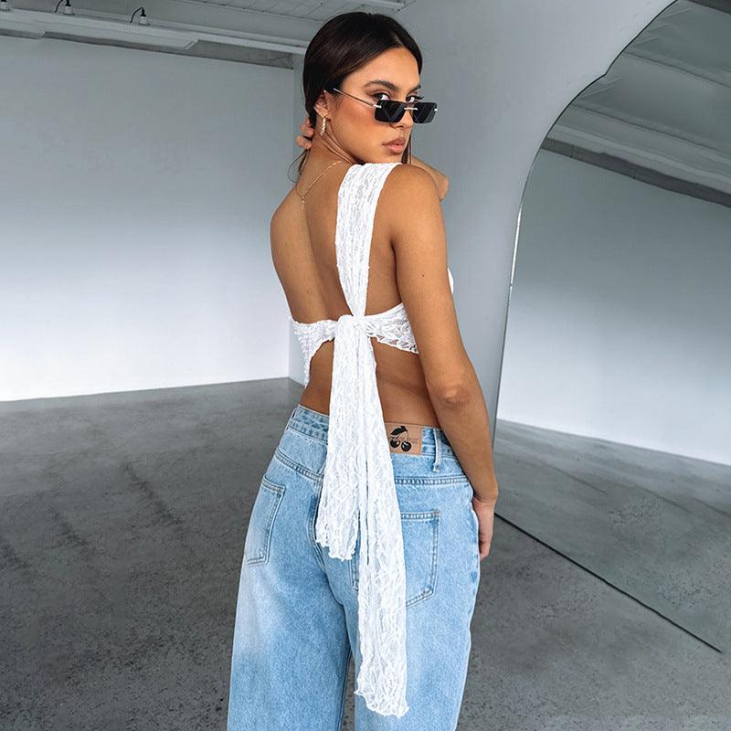 Ins Lace Backless Top Summer Solid Color Waistless Asymmetrical Sloped Neck Vest Streetwear Womens Clothes - Elite Essence Store