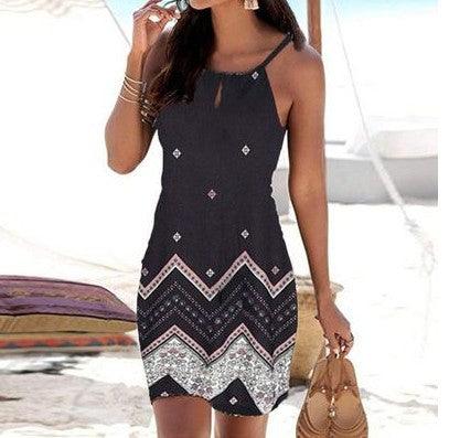 Halter Neck Printed Sleeveless Casual Mini Beach Dress - Elite Essence Store