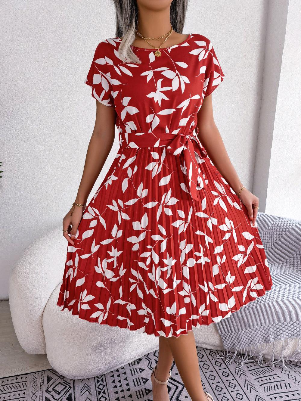 Leaf Print Dress Women Short Sleeve Lace-up Skirt Summer Beach Dress - Elite Essence Store