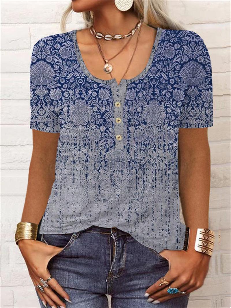 Summer Loose Short Sleeves Geometric Floral U-neck Button T-shirt - Elite Essence Store