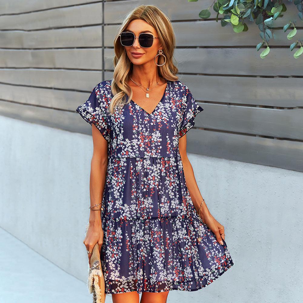 Flowers Print Short-sleeved Dress Summer Loose Chiffon A-line Dresses Fashion Casual Holiday Beach Dress For Womens Clothing - Elite Essence Store