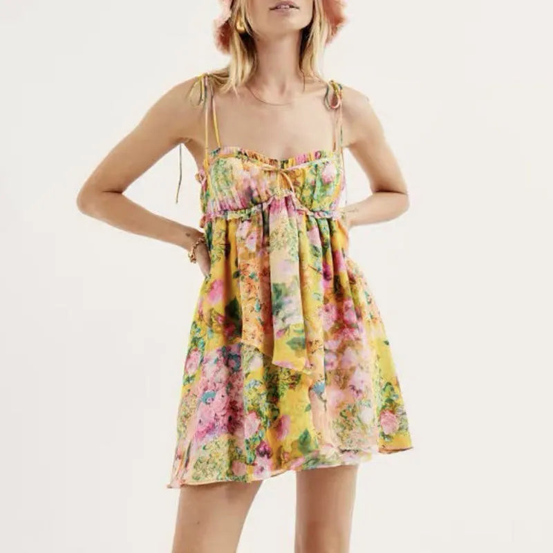 Flowers Suspender Dress Summer Fashion Ruffled Holiday Beach