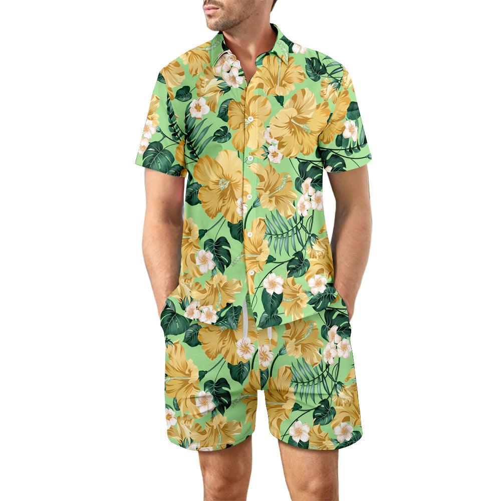 2Pcs Printed Beach Shirt Summer Suit Loose Lapel Button Top And Drawstring Pockets Shorts Casual Short Sleeve Suits For Men Clothing - Elite Essence Store