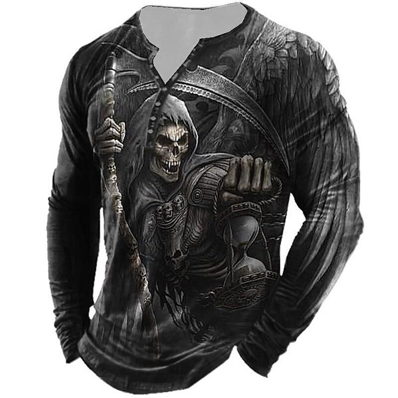 European And American Vintage Print Seven Button Open Placket Skull Long Sleeve T-shirt - Elite Essence Store