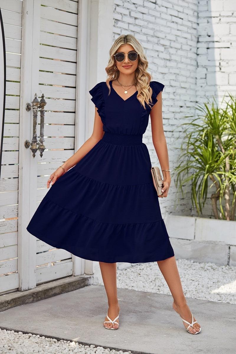 New Ruffled Sleeveless V-Neck Dress Summer Fashion Elastic Waist A-Line Dresses For Womens Clothing - Elite Essence Store