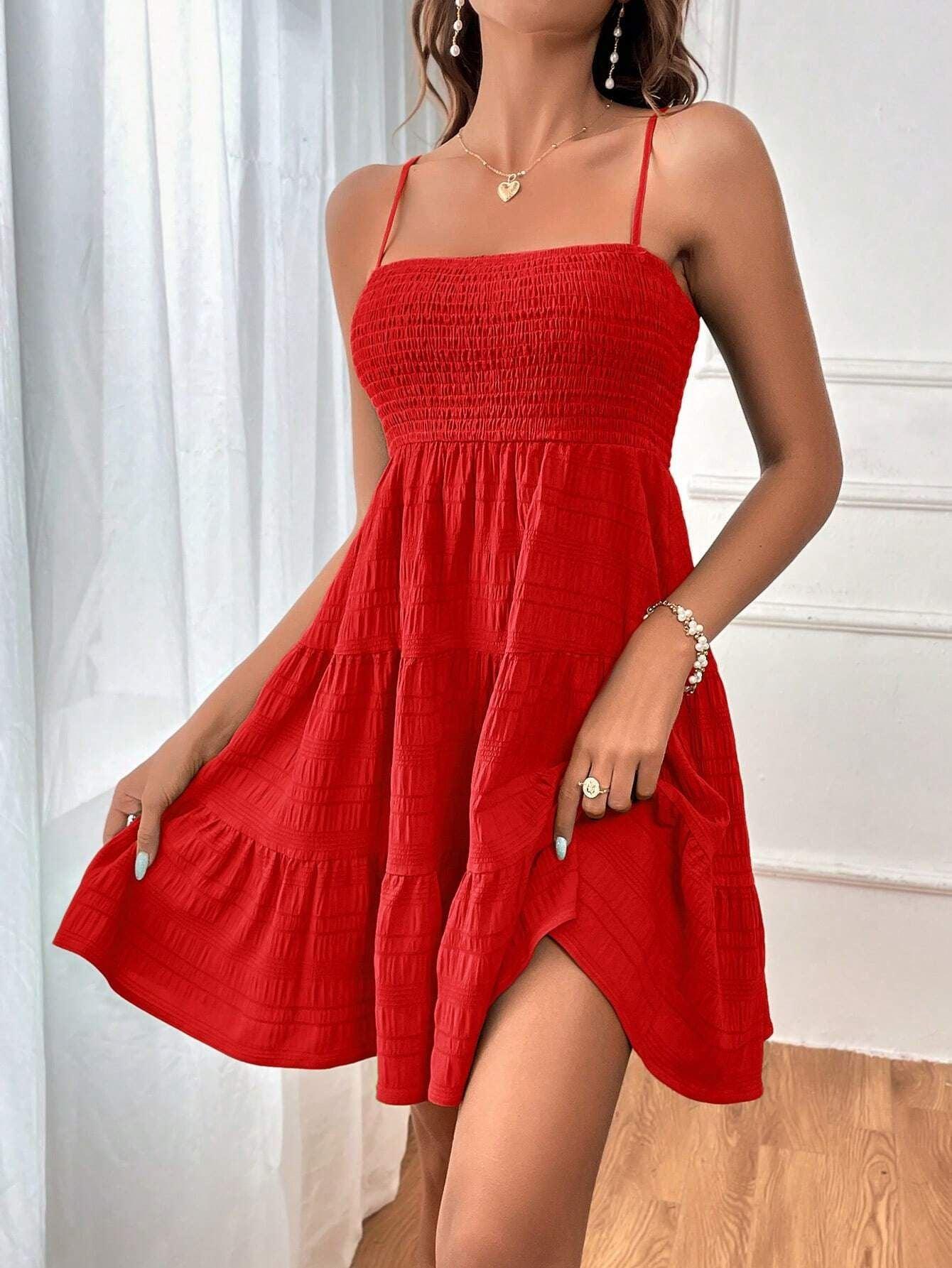 Summer Square-collar Suspender Pleated Dress Fashion Solid Color Beach Dresses For Womens Clothing - Elite Essence Store