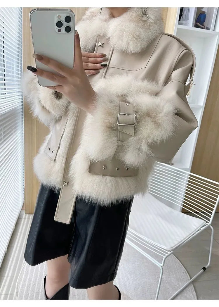 Sense Fox Fur Stitching Leather Coat