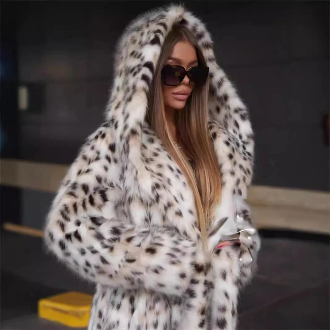 Leopard Print Hooded Toka Long-cut Thick Warm Mink Velvet Trench Coat