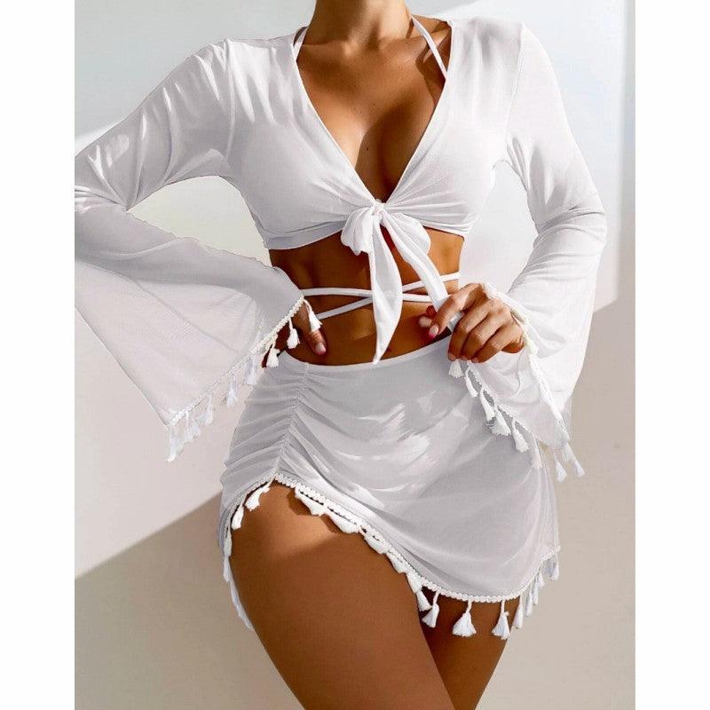 4pcs Solid Color Bikini With Short Skirt And Long Sleeve Cover-up Fashion Bow Tie Fringed Swimsuit Set Summer Beach Womens Clothing - Elite Essence Store