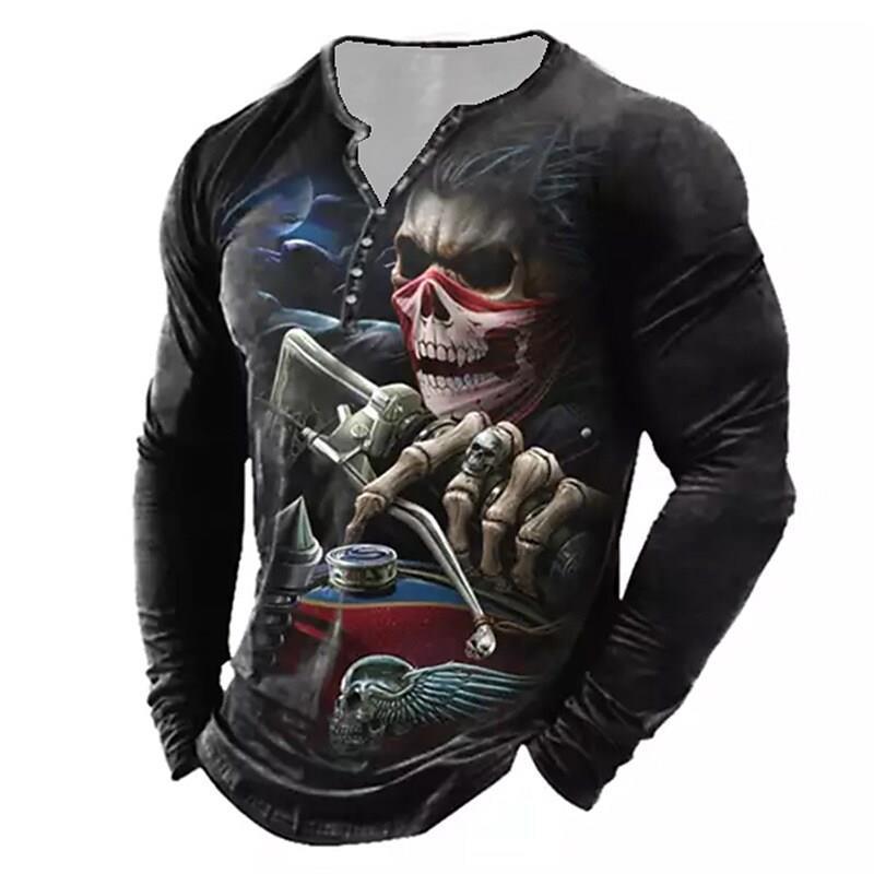 European And American Vintage Print Seven Button Open Placket Skull Long Sleeve T-shirt - Elite Essence Store