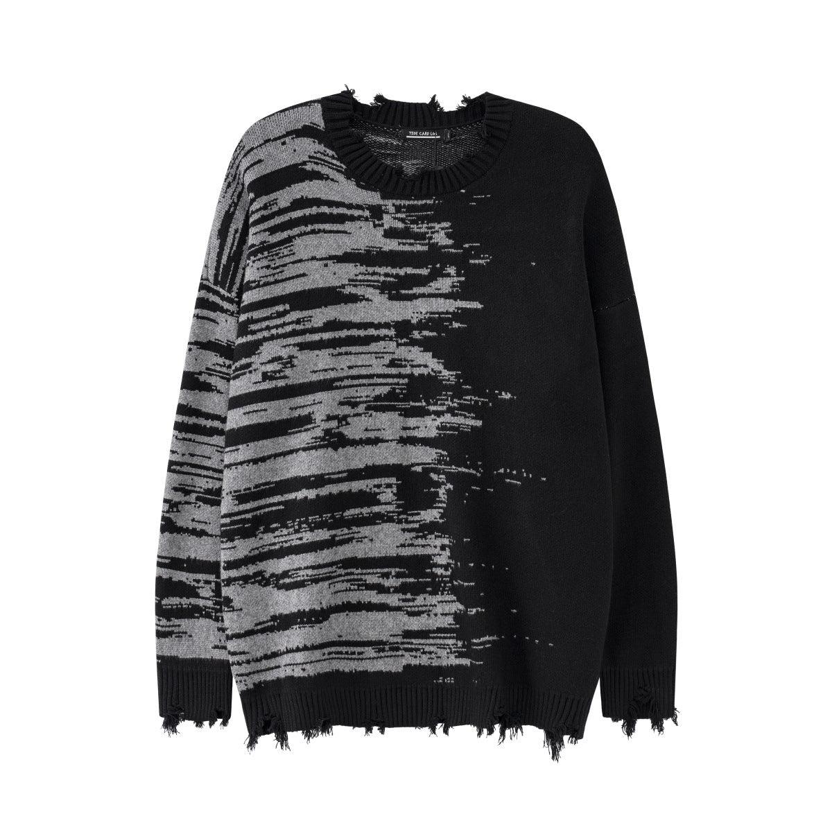 Zebra Pattern Color Matching Ripped Tassel Loose Round Neck Knitted Sweater - Elite Essence Store