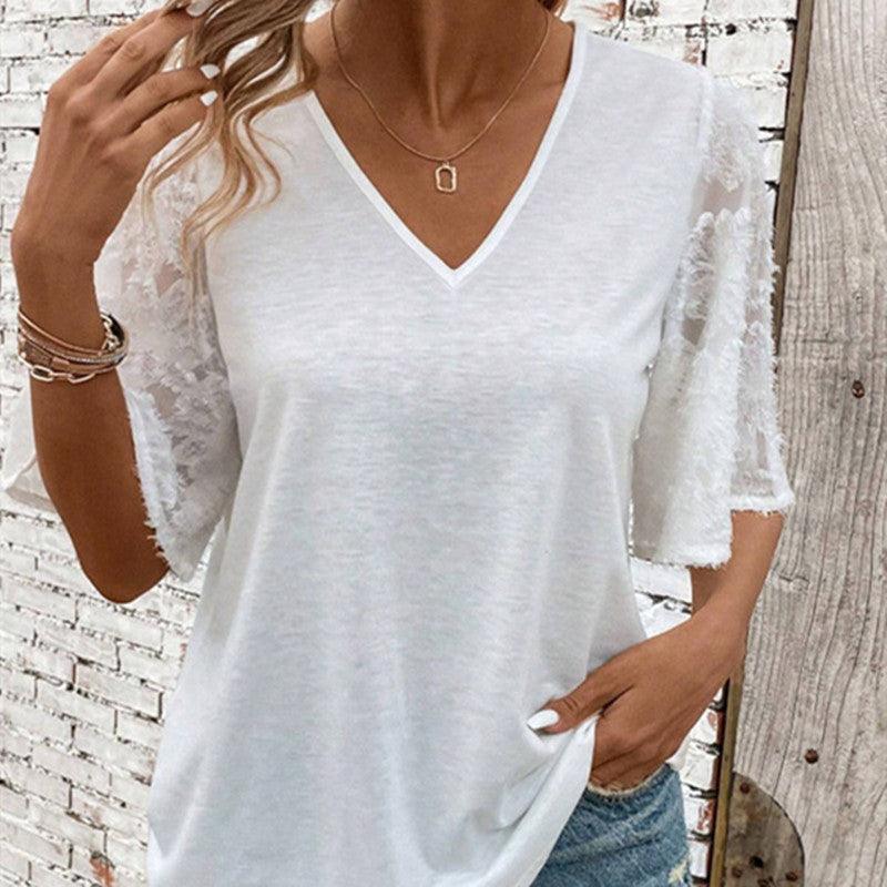 Women's V-neck Lace Lace Loose T-shirt - Elite Essence Store