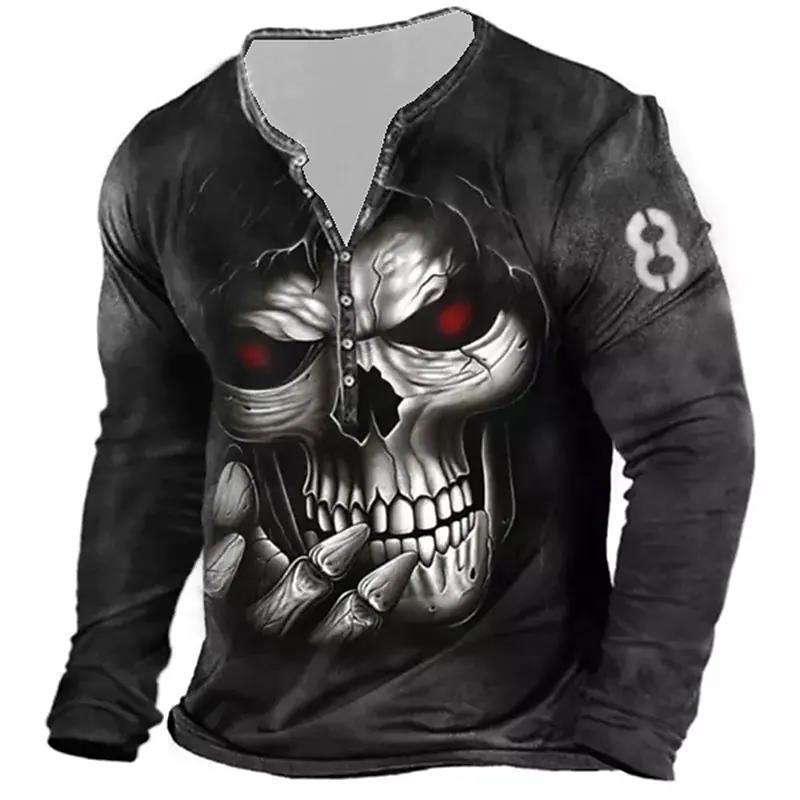 European And American Vintage Print Seven Button Open Placket Skull Long Sleeve T-shirt - Elite Essence Store