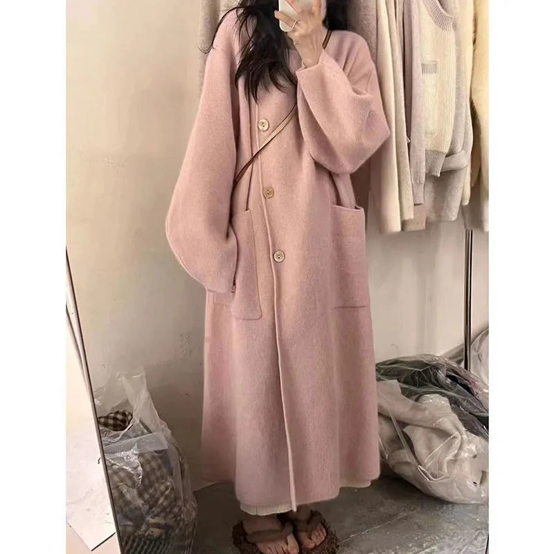 Mid-length Wool Overcoat Coat Women's Outer Wear Turtleneck Knitting Sweater Cardigan