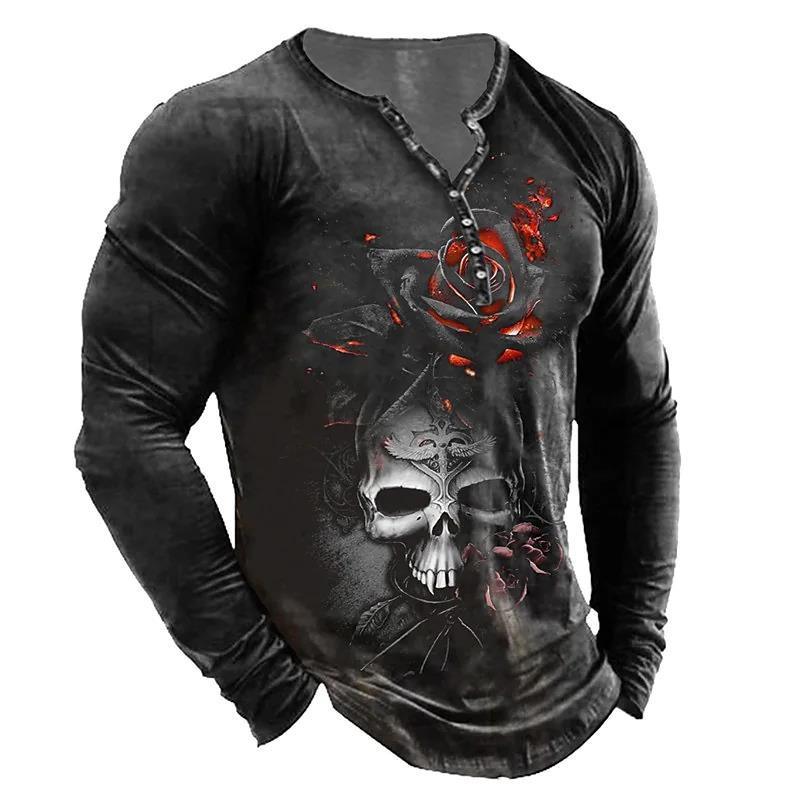 European And American Vintage Print Seven Button Open Placket Skull Long Sleeve T-shirt - Elite Essence Store