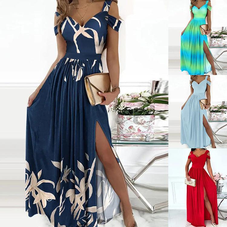 V-neck Boho Spaghetti Strap Dress Women Split Long Flowy Dresses For Party Beach - Elite Essence Store