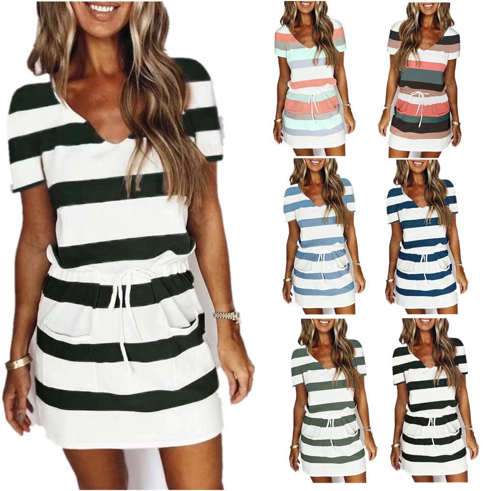 Striped Print Short-sleeved Dresses Summer Fashion V-neck Drawstring Design Short Dress Beach Womens Clothing - Elite Essence Store