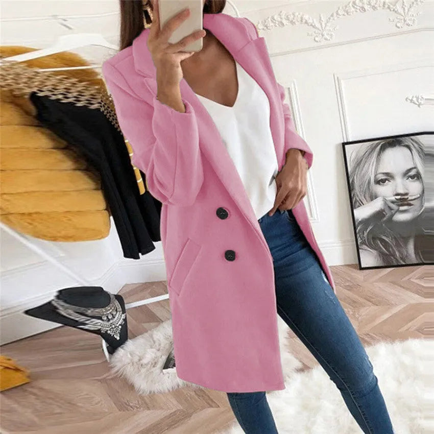 Solid Color Polo Collar Mid-length Button Woolen Coat