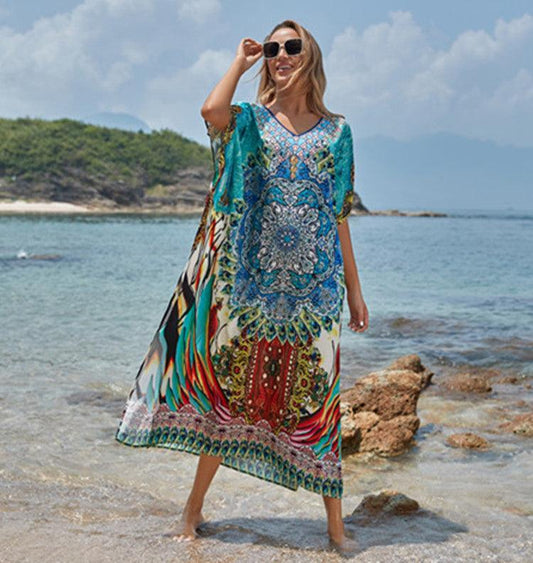 Polyester National Wind Positioning Printed Beach Smock Robe Type Sunscreen Shirt Holiday Dress - Elite Essence Store