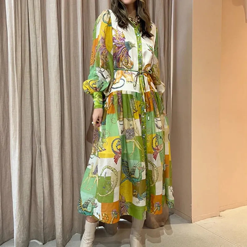 Elegant Lantern Sleeve Printed Long Lapel And Waist Tight Long Sleeve Dress