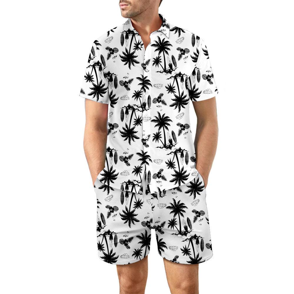 2Pcs Printed Beach Shirt Summer Suit Loose Lapel Button Top And Drawstring Pockets Shorts Casual Short Sleeve Suits For Men Clothing - Elite Essence Store