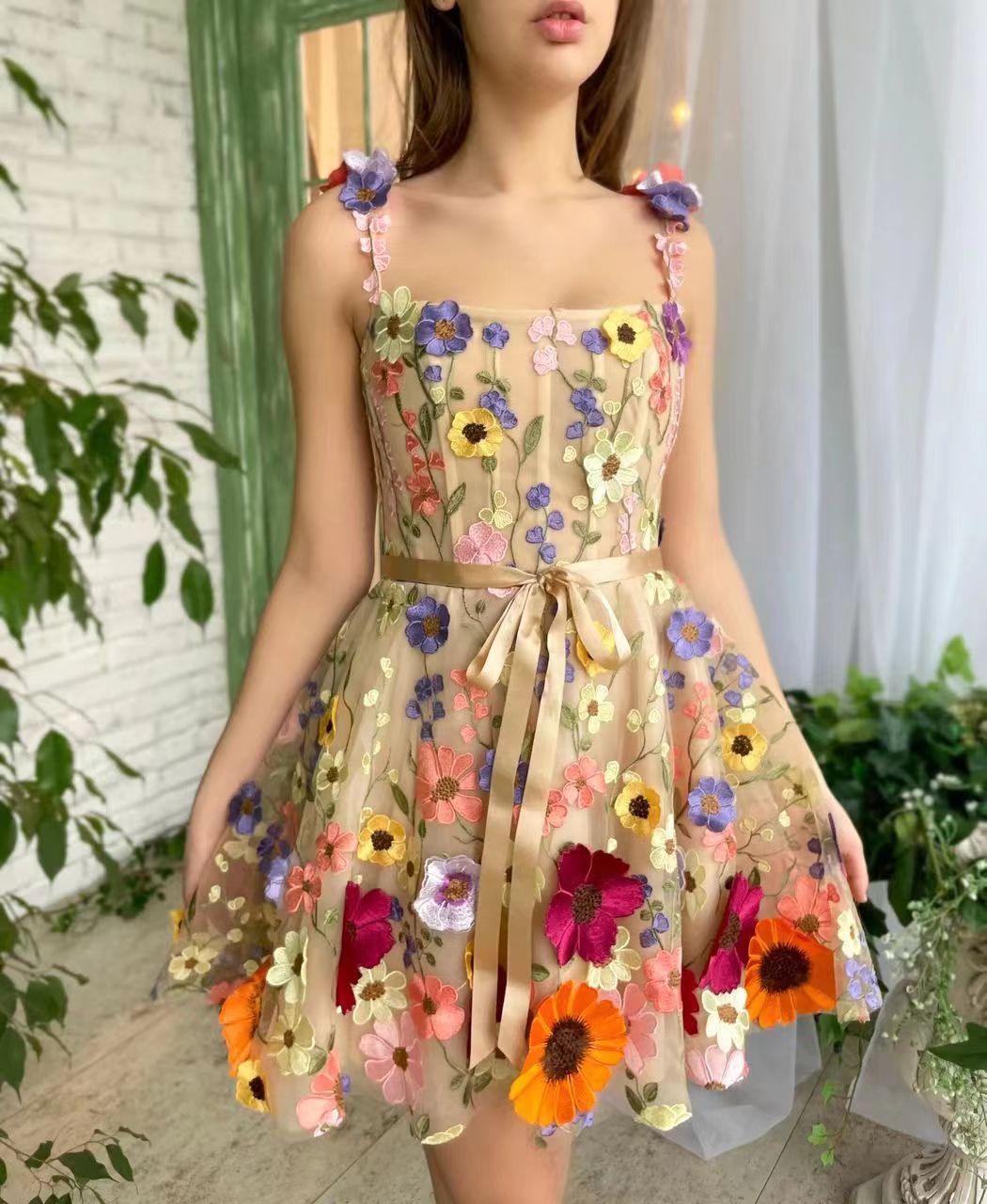 Three-dimensional Flower Embroidery Dress Summer Fashion Sweet A-line Suspender Dresses For Womens Clothing - Elite Essence Store