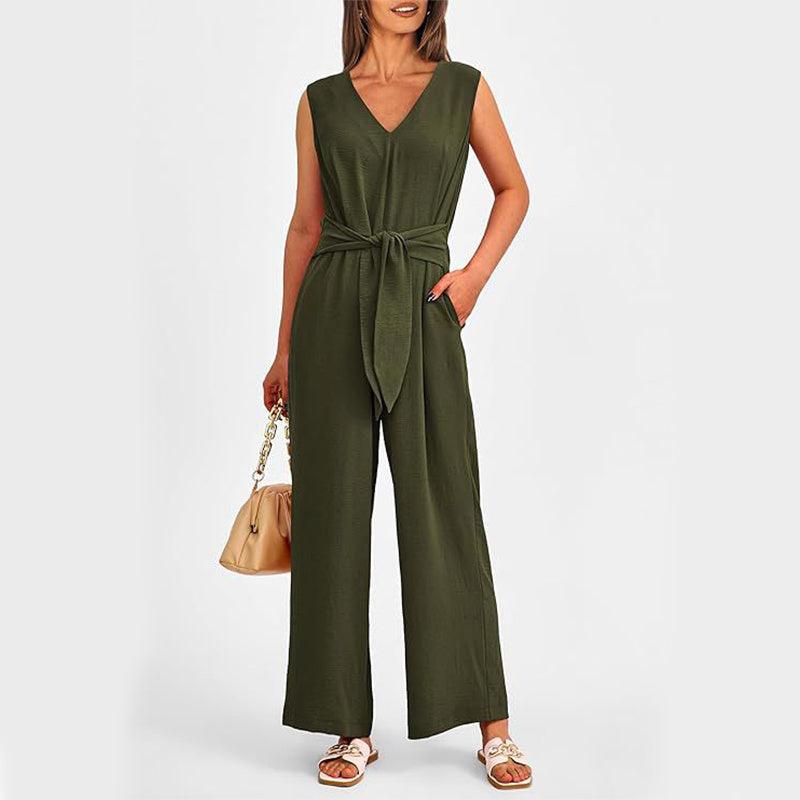 New V-neck Sleeveless Long Jumpsuit With Pockets And Lace-up Design Wide-leg Straight Trousers Summer Womens Clothing - Elite Essence Store