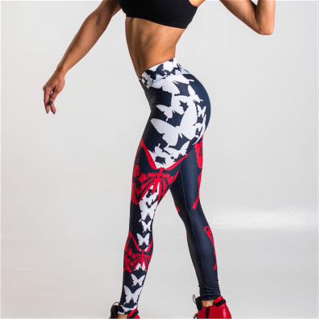 Red Butterfly Print Leggings Women's Sports Yoga Pants - Elite Essence Store