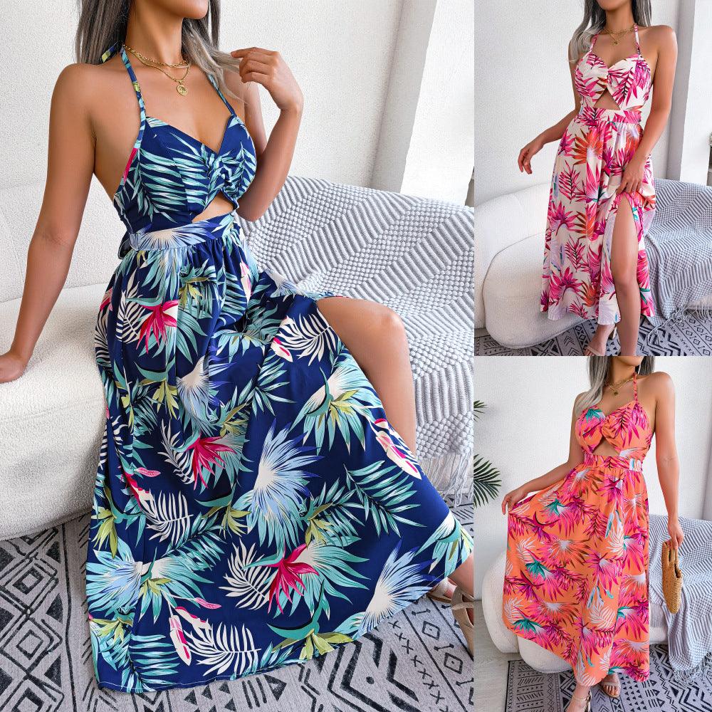 European And American Flower Sleeveless Cutout Sling Long Dress Holiday Beach Dress - Elite Essence Store