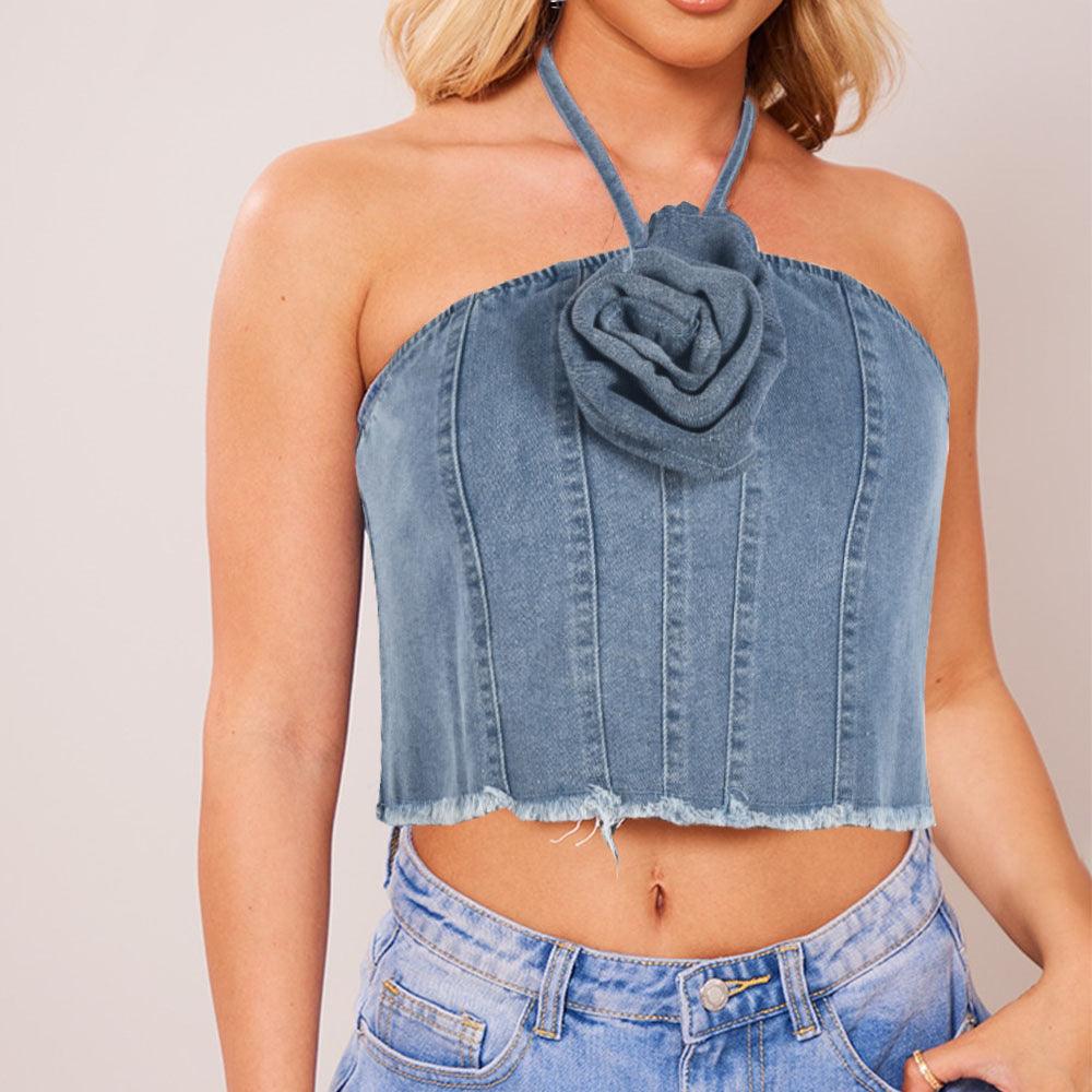 Women's Halter Tube Top Three-dimensional Flower Denim Top - Elite Essence Store