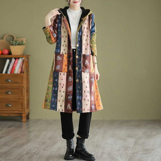 Ethnic Style Fleece-lined Thick Mid-length Trench Coat