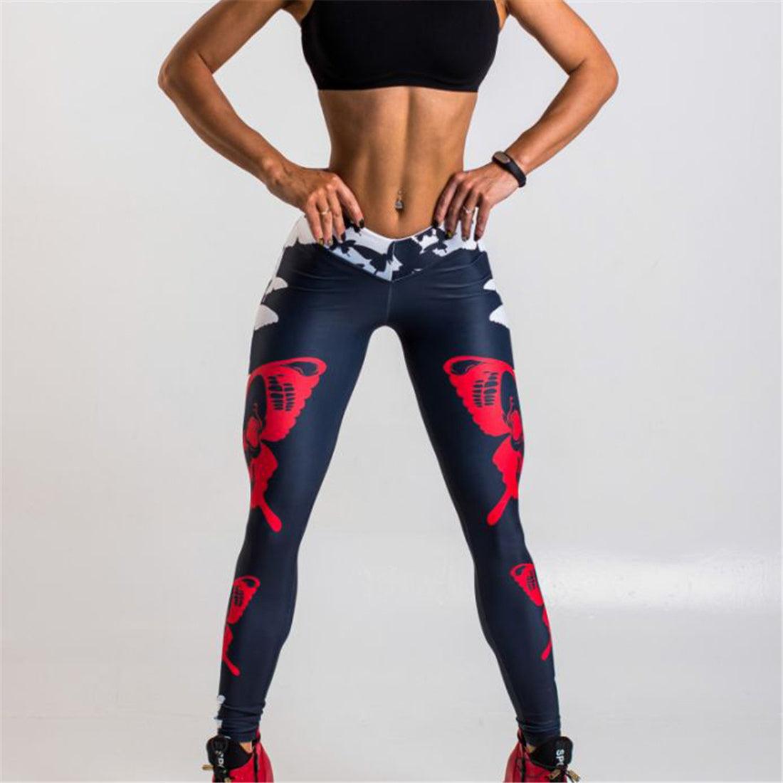 Red Butterfly Print Leggings Women's Sports Yoga Pants - Elite Essence Store