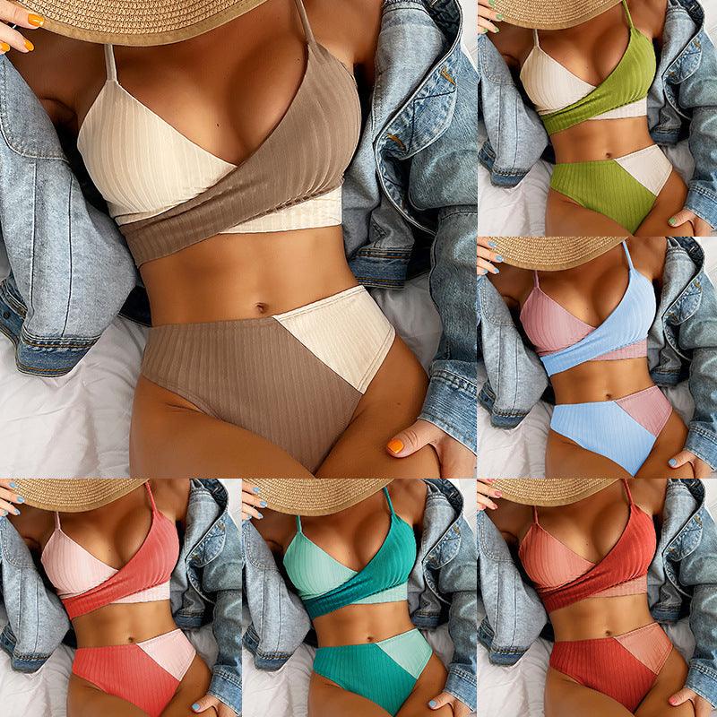 Bikini Patchwork Swimwear Ribbed Women's Swimsuit Knot Back Beachwear Ruched Butt Biquinis Bathing Suits - Elite Essence Store