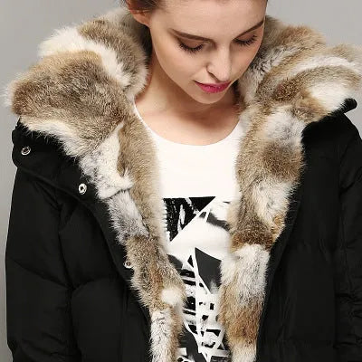 High-end Rabbit Fur Eiderdown Outerwear Mid-length Padded Coat Women